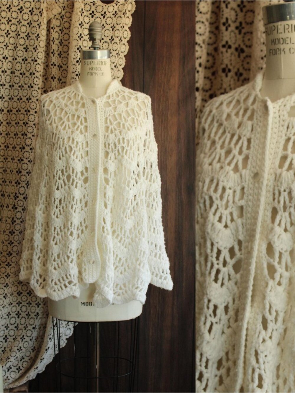 Vintage 1960s 1970s Poncho Shawl, White Crochet with Buttons Cape, Knit Wrap